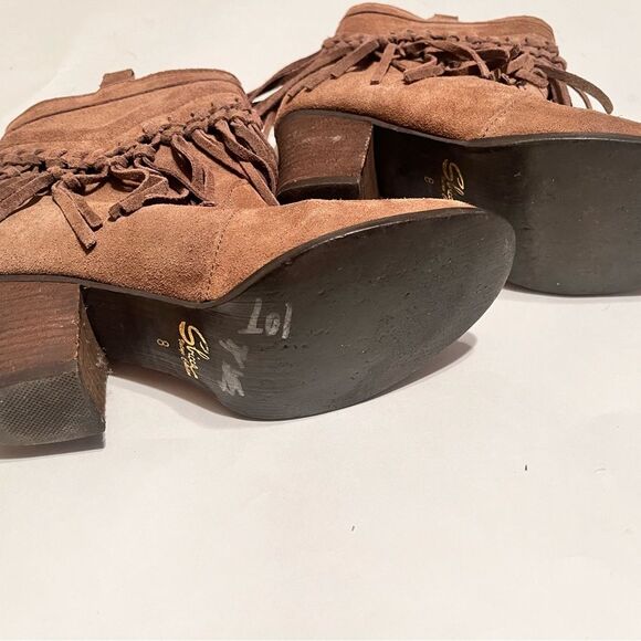 Tan Suede Fringe Ankle Booties with Stacked Heel - Picture 5 of 5